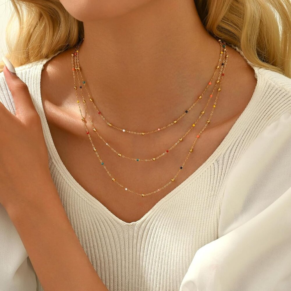 Gold Chain Necklace for Women Dainty 18K Gold Plated Thin Satellite Beaded Turqu - Picture 4 of 7